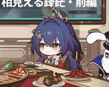 a little girl with a crown on her head sits at a table with food
