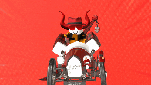 a cartoon character with horns is driving a car