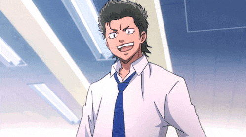 a man in a white shirt and blue tie is making a funny face