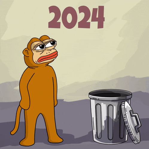 a cartoon of a monkey standing next to a trash can with the year 2024 written above it
