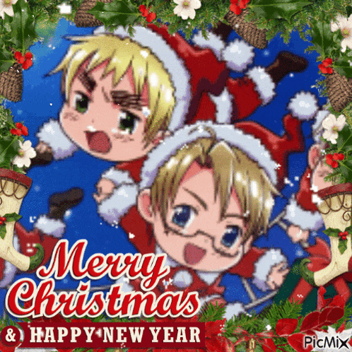 a merry christmas and happy new year card with two cartoon characters
