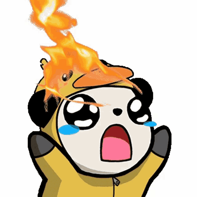 a cartoon panda wearing a duck costume with flames coming out of it 's head .