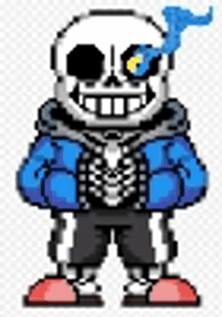 a pixel art of sans from undertale with a blue smoke coming out of his nose .