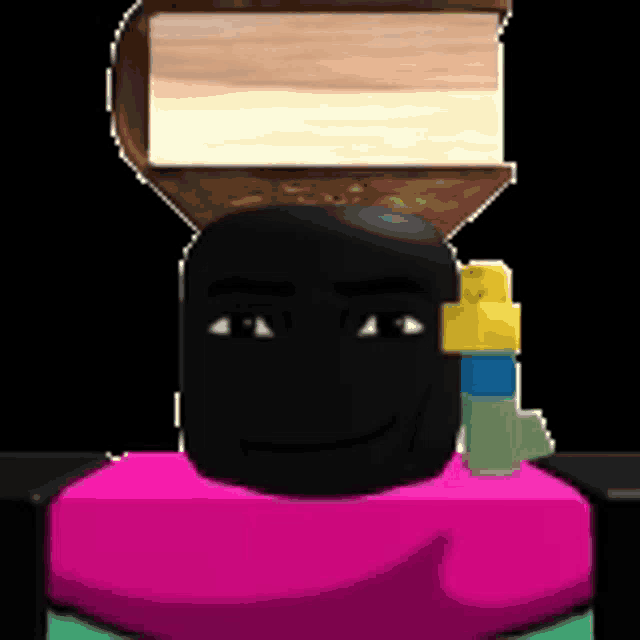 a cartoon character with a black face and a wooden head