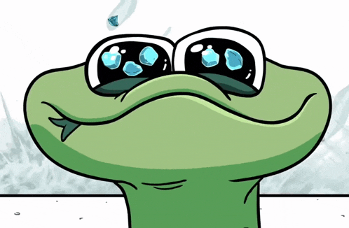 a cartoon frog with bubbles in his eyes