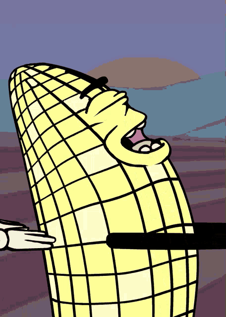a cartoon drawing of a corn on the cob with a mouth open