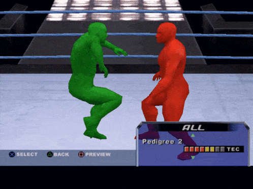a video game screen shows a green and red wrestler in a ring