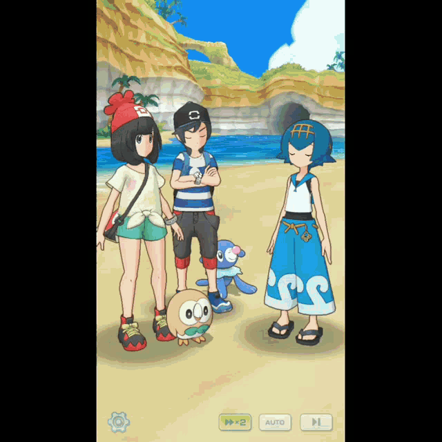 a screenshot of a video game shows three characters standing on a beach