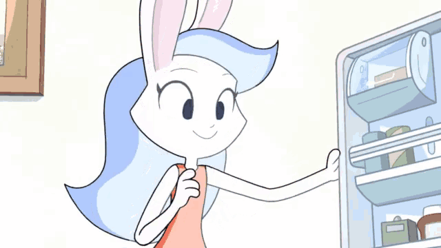 a cartoon of a woman opening a refrigerator door