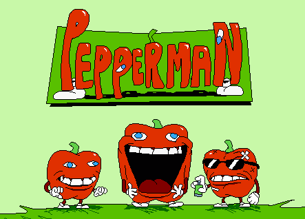 a cartoon of three peppers with the word pepperman in the background