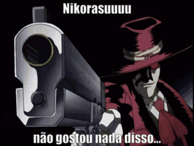 a man in a red hat is pointing a gun at the camera with a caption that says nikorasuuu