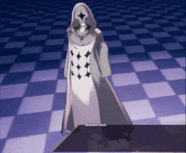 a video game character named shonen-doll is standing in front of a checkered floor