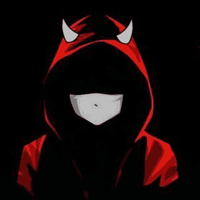 a person wearing a red hoodie with horns and a mask .