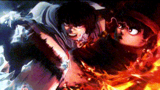 a cartoon character with a sword is fighting another character