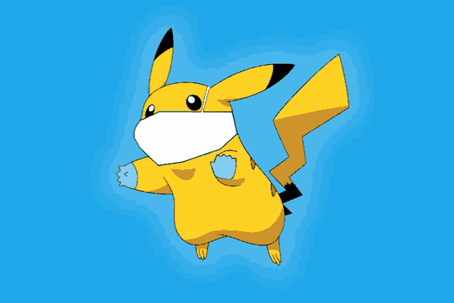 a cartoon pikachu wearing a mask on a blue background