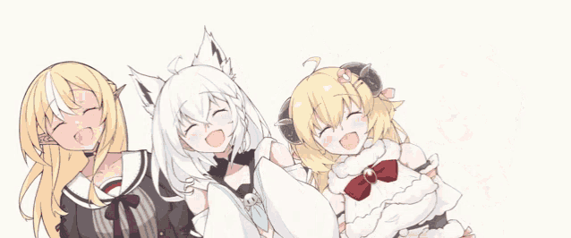 three anime girls are standing next to each other smiling