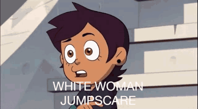 a cartoon of a girl with the words white woman jumpscare written below her
