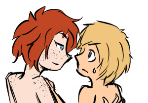 a drawing of two boys looking at each other