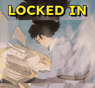 a picture of a man sitting at a desk with the words locked in