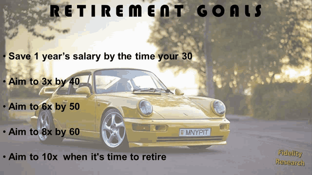 a yellow car with the words retirement goals written above it