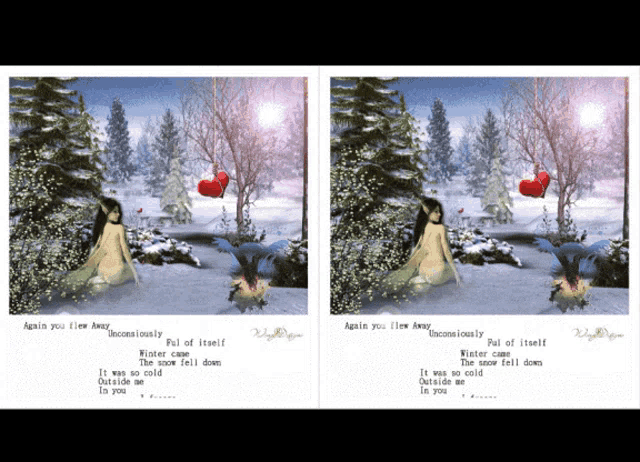 a picture of a snowy forest with the words " again you flew away " at the bottom