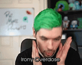 a man with green hair has the words irony overdose written on his face