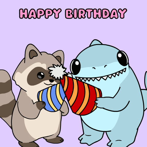 a raccoon and a shark holding party hats with the words happy birthday above them