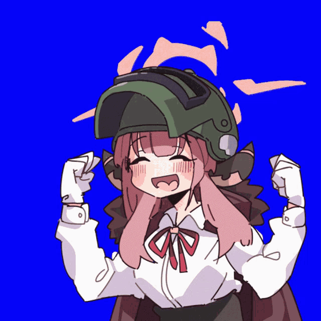 a girl with pink hair wearing a green helmet