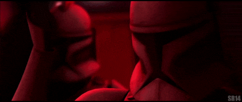 two clone trooper soldiers are standing in a dark room with sr14 written on the bottom