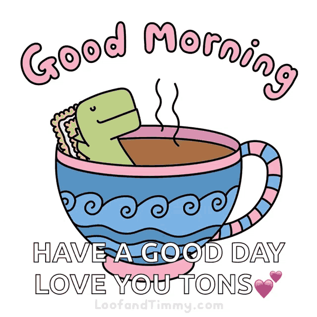 a cartoon of a dinosaur in a cup of coffee says good morning
