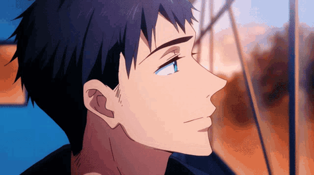 a close up of a person 's face with a sunset in the background