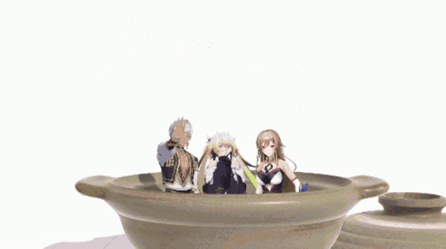 three anime characters are standing in a large pot