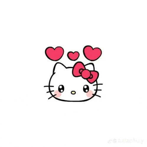 a drawing of a hello kitty with hearts coming out of her eyes .
