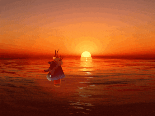 a person standing in a body of water at sunset