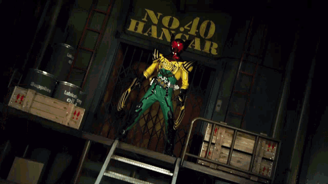 a man in a superhero costume is standing in front of a sign that says 10:40 hangar