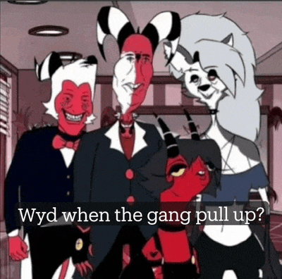 a group of cartoon characters are posing for a picture with the caption " wyd when the gang pull up "