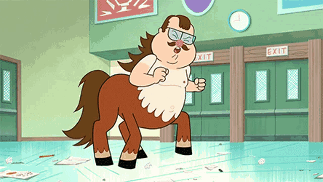 a centaur with glasses and a mustache stands in front of a green exit sign