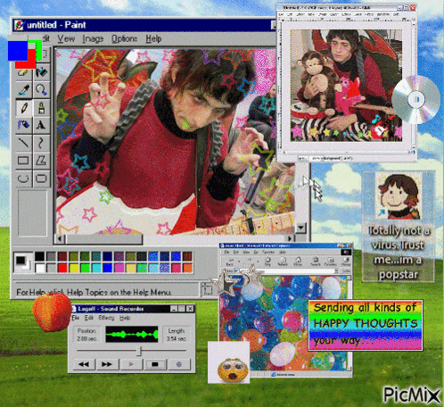 a computer screen with a collage of images and a message that says " sending all kinds of happy thoughts "