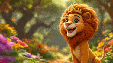 a cartoon lion wearing a crown is sitting in a field of flowers