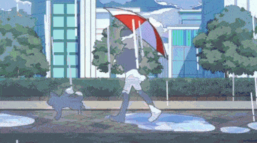 a cartoon of a man walking with an umbrella in the rain