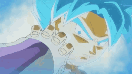 a close up of a person with blue hair and a purple cape .
