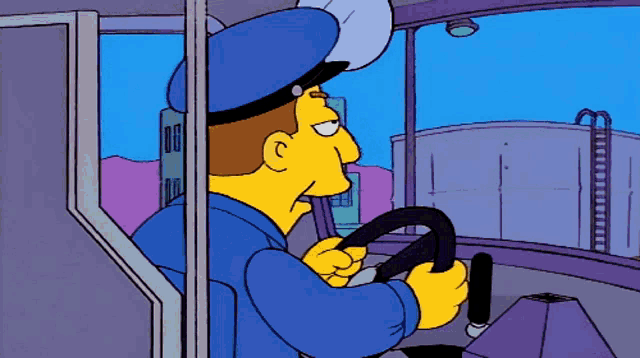 a cartoon character in a blue hat is driving a bus