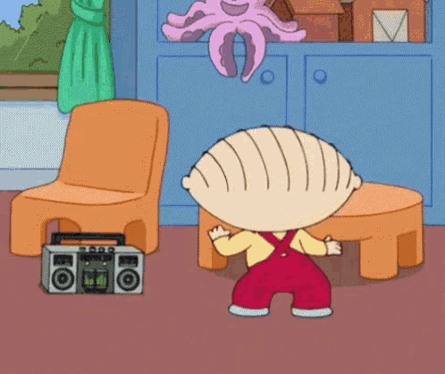 stewie from family guy is dancing in a room with a boombox and an octopus .