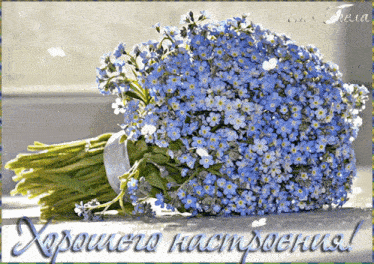 a bouquet of blue flowers sits on a table with a greeting in russian