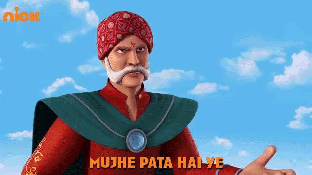 a man with a mustache and a turban says mujhe pata hai ye