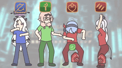 a group of cartoon characters are standing next to each other and one has a z on his head