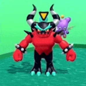 a red monster with horns is standing in the water next to a purple monster .