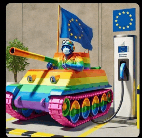 a man in a rainbow tank is being charged at a european union charging station