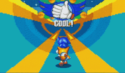 a pixel art of sonic the hedgehog giving a thumbs up with the words cool below him