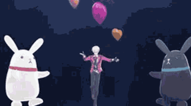 a man and two rabbits are dancing on a stage with a heart flying in the air .